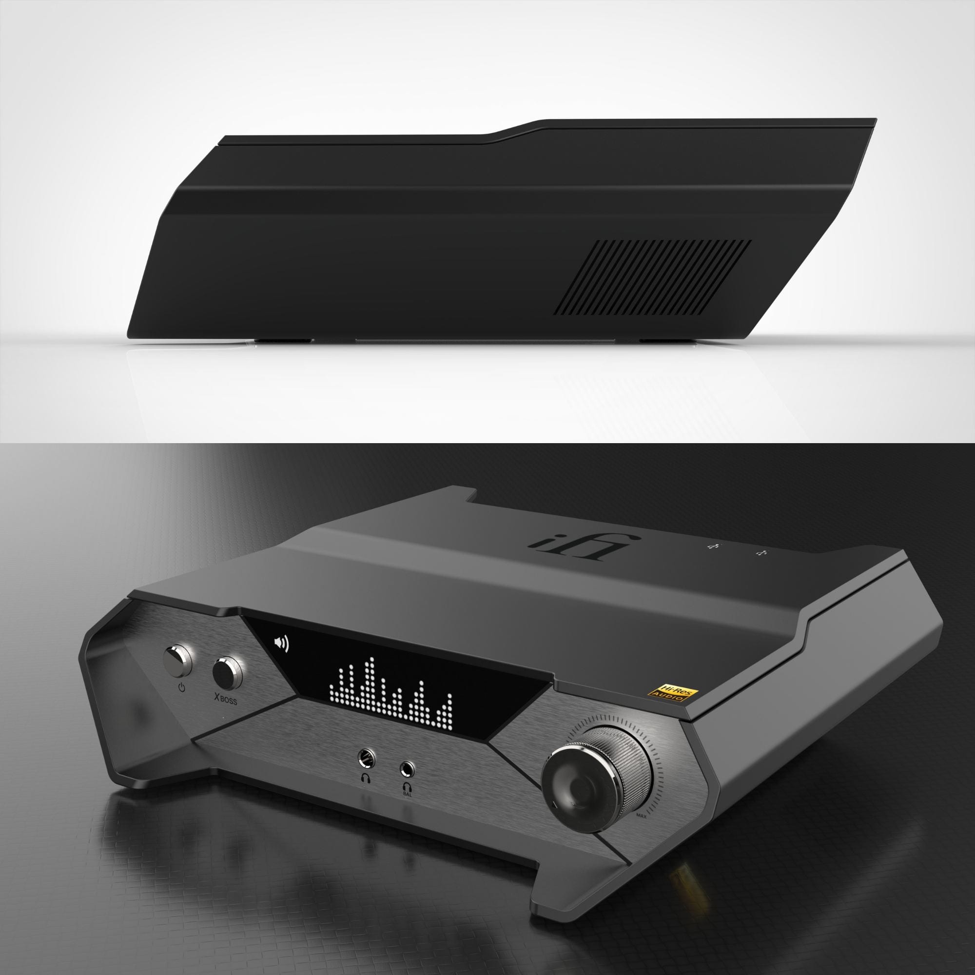 Amplifier side and perspective industrial design rendering
